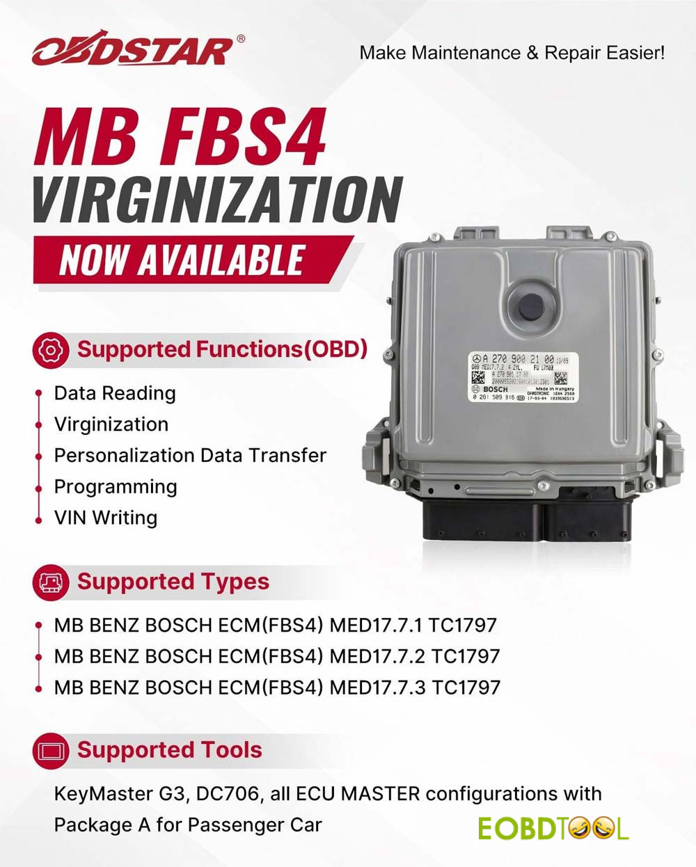obdstar now supports mercedes benz fbs4 ecm virginization via obd
